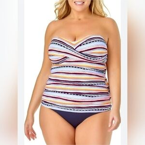 Anne Cole Twist Front Bandeau Tankini Swim Top Striped Plus Size NEW